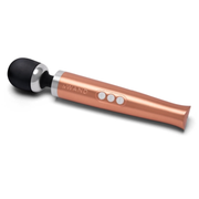 Rose gold rechargeable wand massager with a black head and three control buttons.