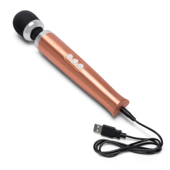 Rose gold rechargeable wand massager with USB charging cable.