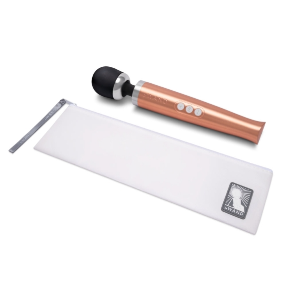 Rose gold rechargeable wand massager with a white storage pouch.