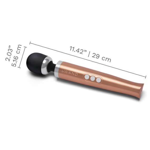 Rose gold rechargeable wand massager with dimensions indicated.