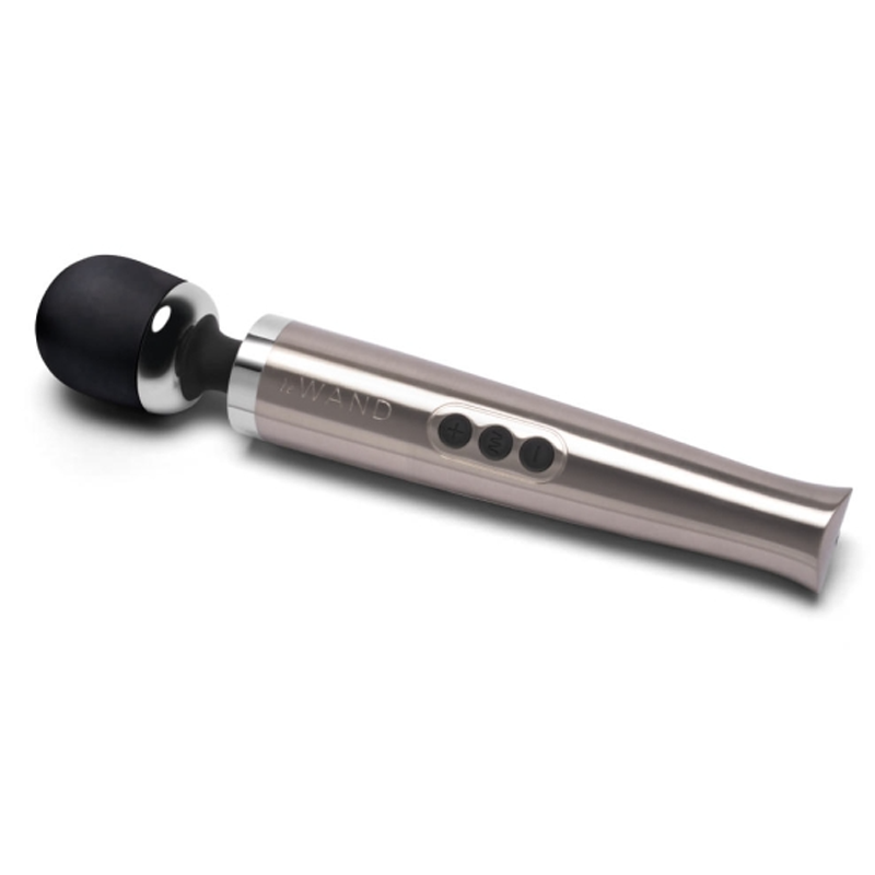 Silver die-cast metal wand massager with black head and three control buttons.
