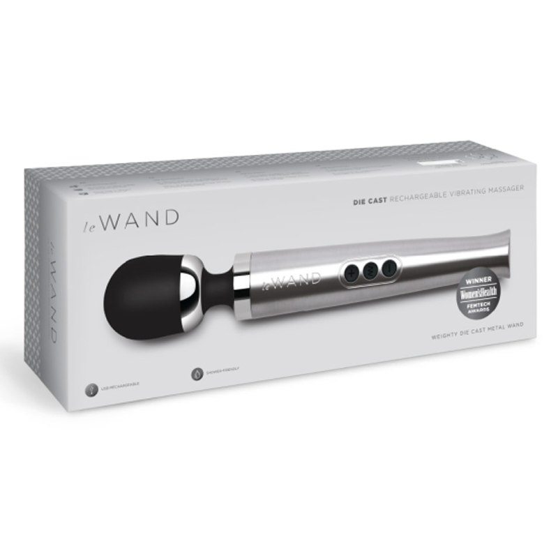 A silver Le Wand rechargeable die-cast metal wand massager on a white box.