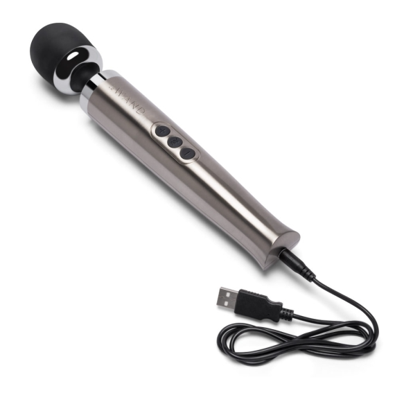 Silver die-cast metal rechargeable wand massager with USB charging cable.