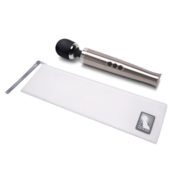 Silver rechargeable wand massager with a white storage pouch.