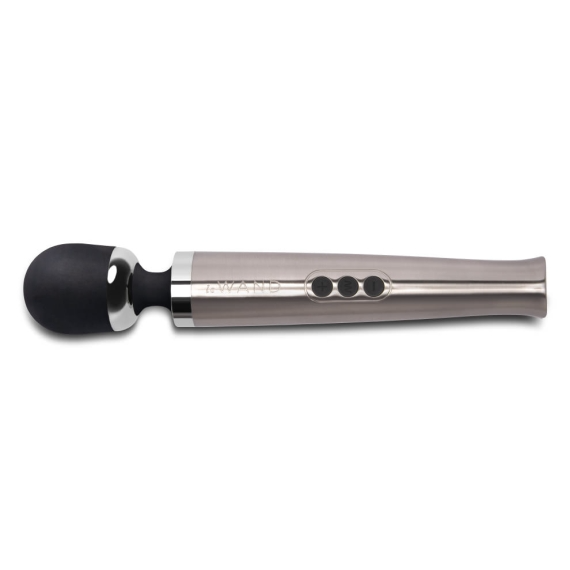 Silver rechargeable wand massager with black head and three buttons.