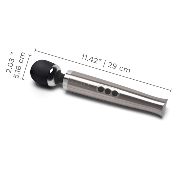 Silver die-cast metal wand massager with black silicone head, 11.42 inches long.