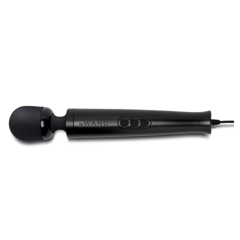 Black Le Wand massager with a rounded head and three control buttons.