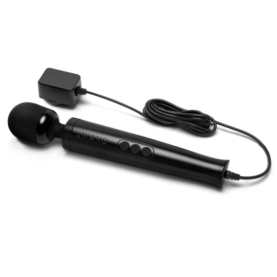 Black Le Wand massager with charger and cord.
