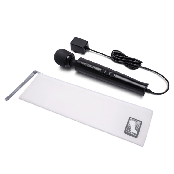 Black wand massager with charger and storage pouch.
