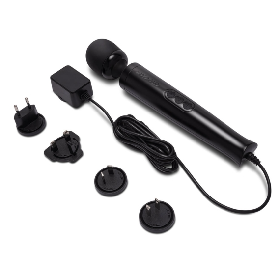Black plug-in wand massager with multiple power adapters.