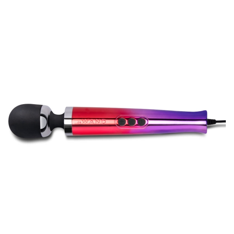 A gradient wand massager with a black head and silver accents.