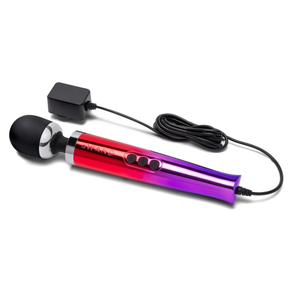 A metallic wand massager with a red and purple gradient, connected to a charger.