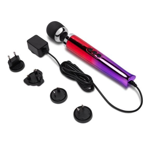 A plug-in wand massager with a gradient red and purple metal body and multiple power adapters.