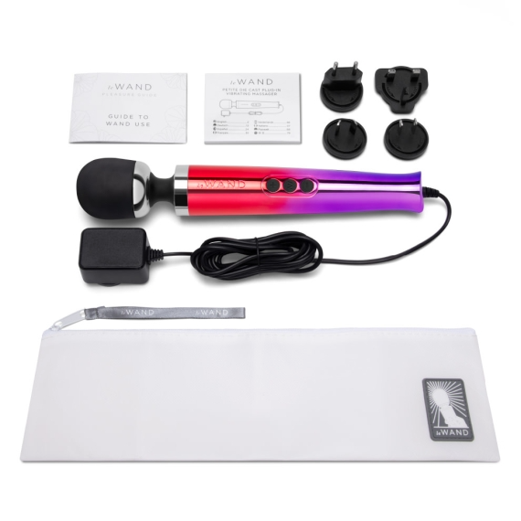 Die Cast Plug-In Wand Massager with power adapter, travel pouch, and instruction booklets.