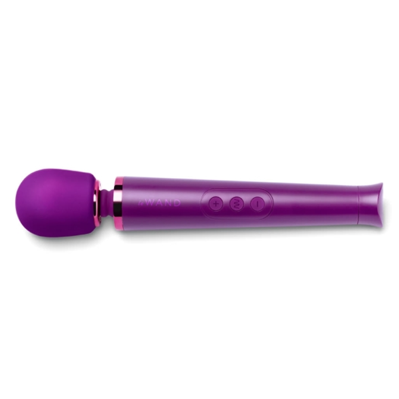 A purple wand vibrator with a rounded head and control buttons.
