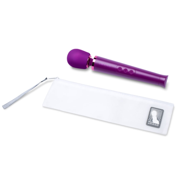 A purple rechargeable wand vibrator with a white storage pouch.
