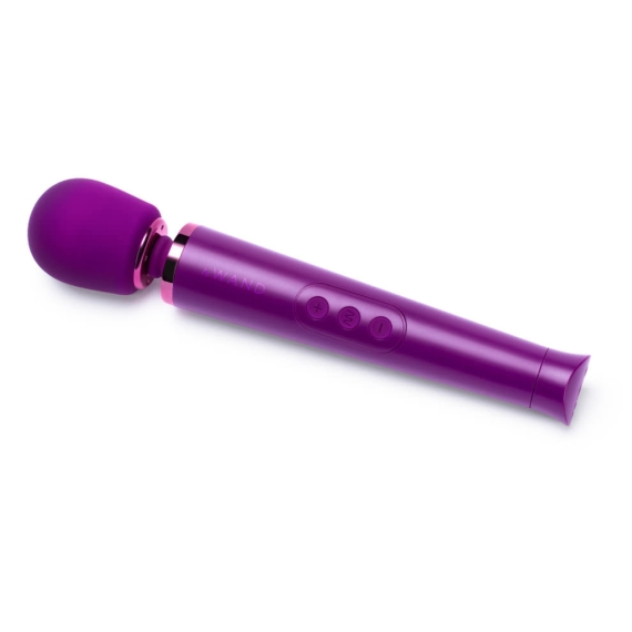 A purple wand vibrator with a rounded head and three control buttons.