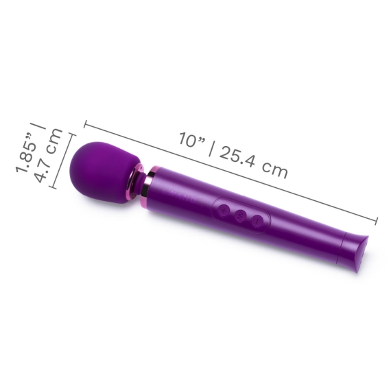 A purple wand vibrator with dimensions labeled.