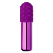 A purple bullet vibrator with a textured head and a metallic body.