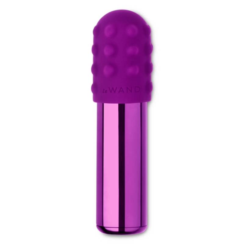 A purple bullet vibrator with a textured head and a metallic body.