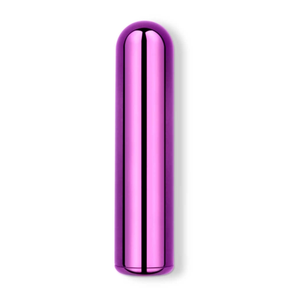 A metallic purple bullet vibrator with a rounded top and bottom.
