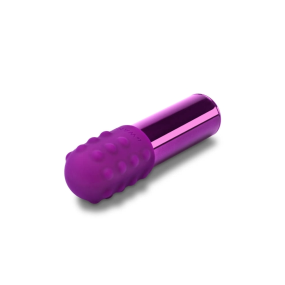 A purple bullet vibrator with a textured silicone head and a metallic shaft.
