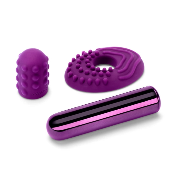 Three purple adult toys: a textured sleeve, a textured ring, and a metallic bullet vibrator.