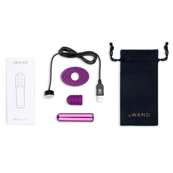 Rechargeable waterproof bullet vibrator set with charging cable and storage pouch.