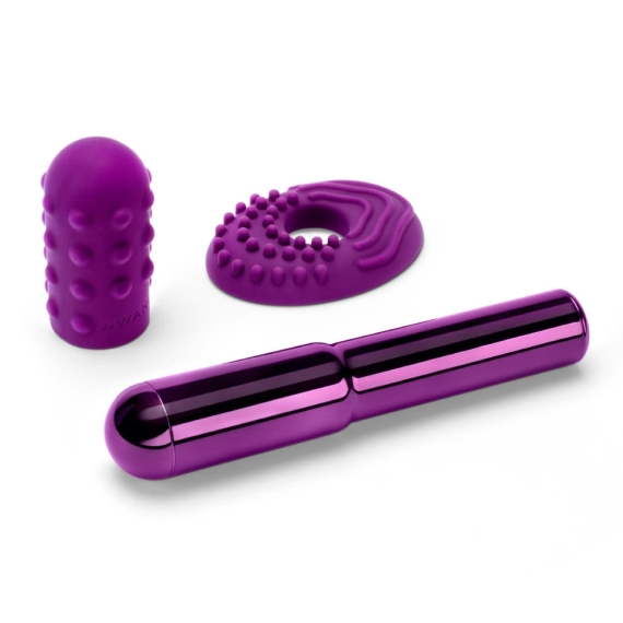 Purple vibrator with textured sleeves and a metallic finish.