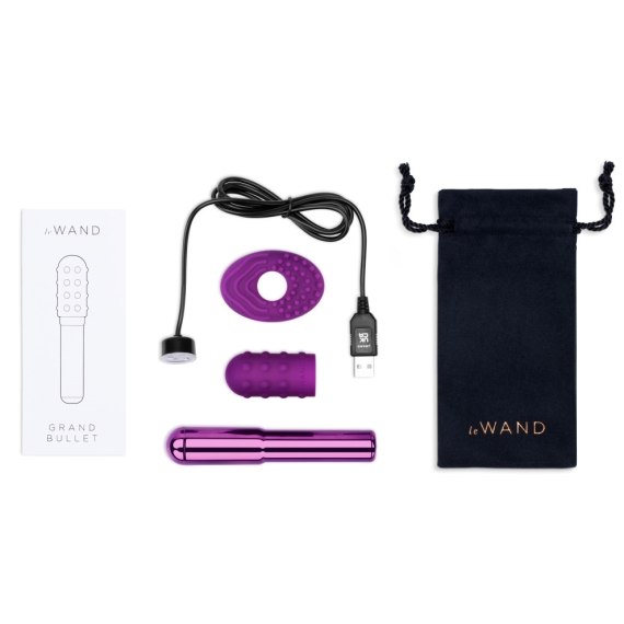 Le Wand Grand Bullet vibrator set with charging cable, two silicone sleeves, and storage bag.