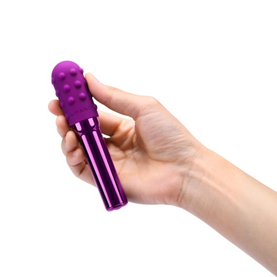 A hand holds a purple bullet vibrator with a textured head.
