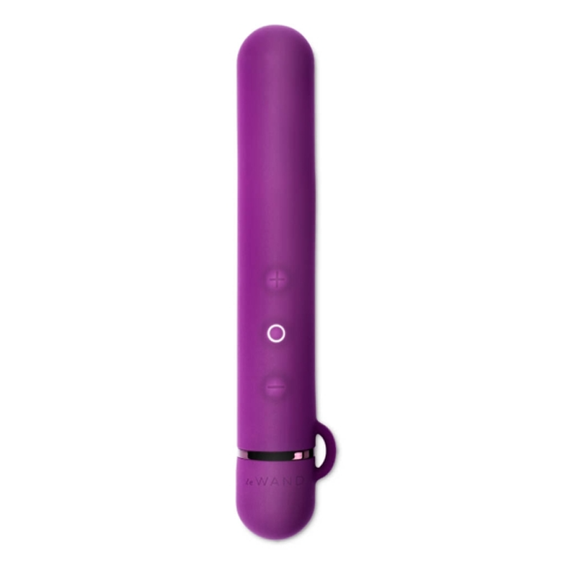 Purple slim mini vibrator with buttons and a loop at the base.