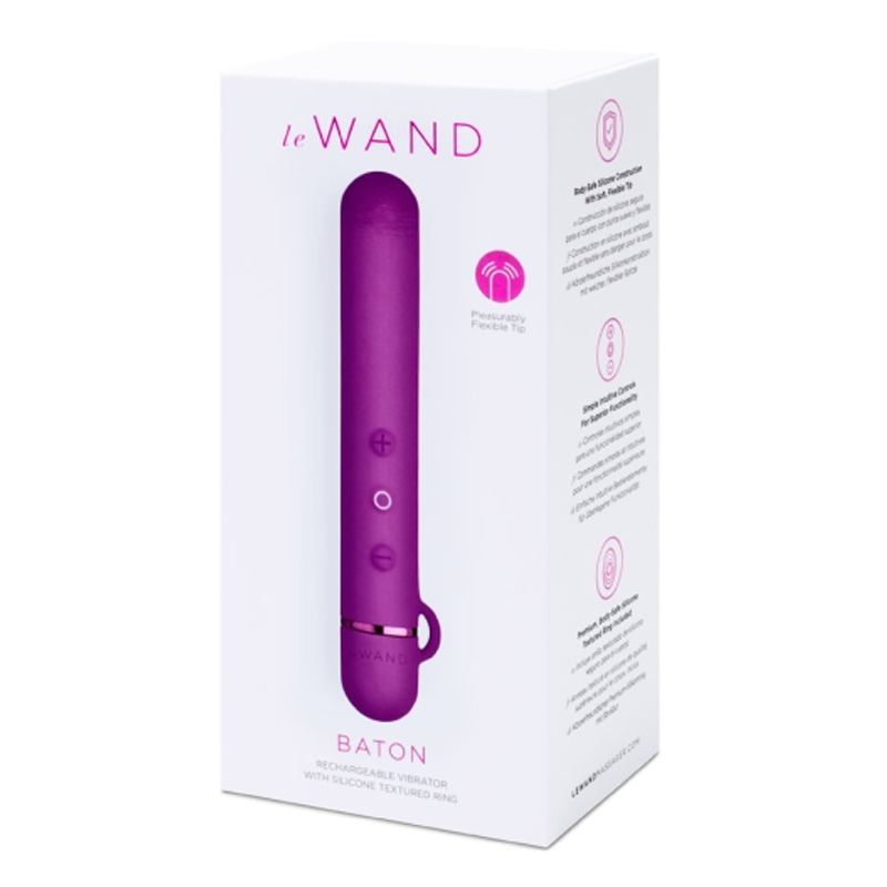 A dark cherry Le Wand Baton rechargeable vibrator with a flexible tip.