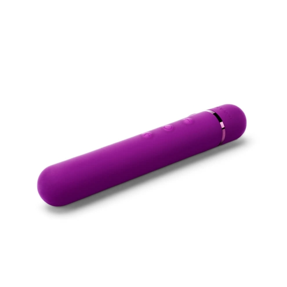 A purple slim mini vibrator with buttons and a metallic ring.