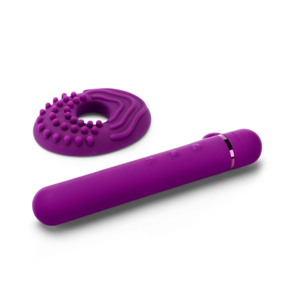 Purple vibrator with a textured ring attachment.