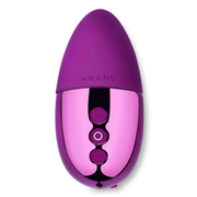 A purple and metallic pink mini vibrator with three control buttons.