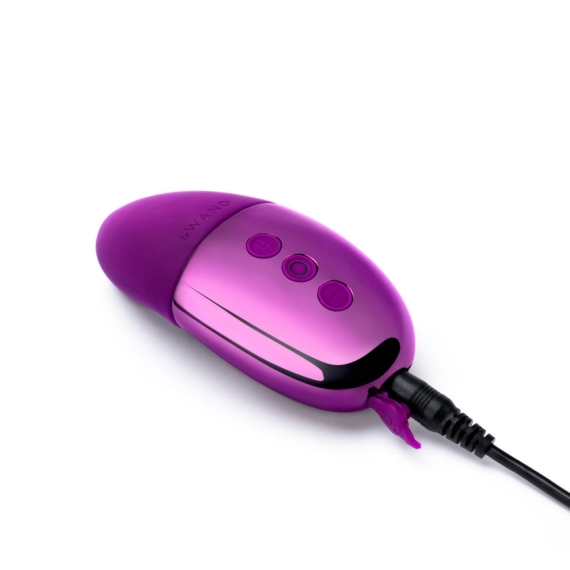 A purple rechargeable mini vibrator with three buttons and a charging cable.