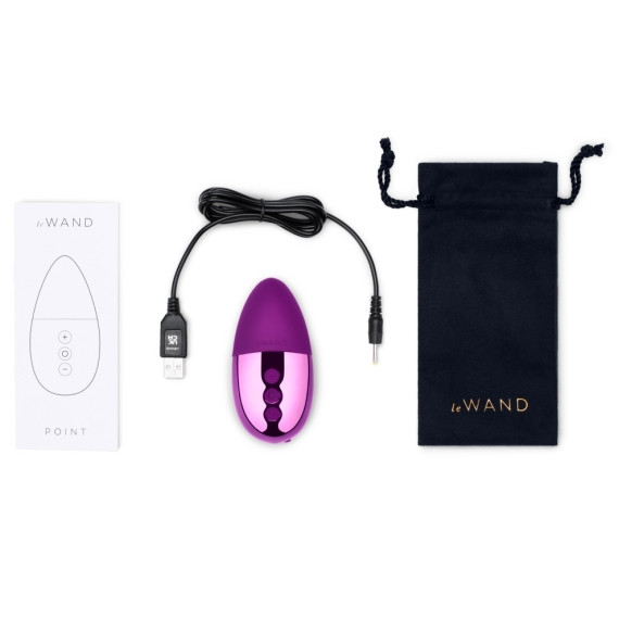 A purple and metallic mini vibrator with a charging cable and storage pouch.