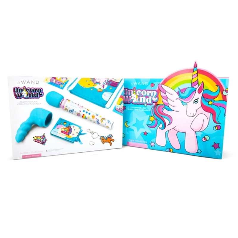 Unicorn Wand rechargeable silicone massager set with unicorn and rainbow packaging.