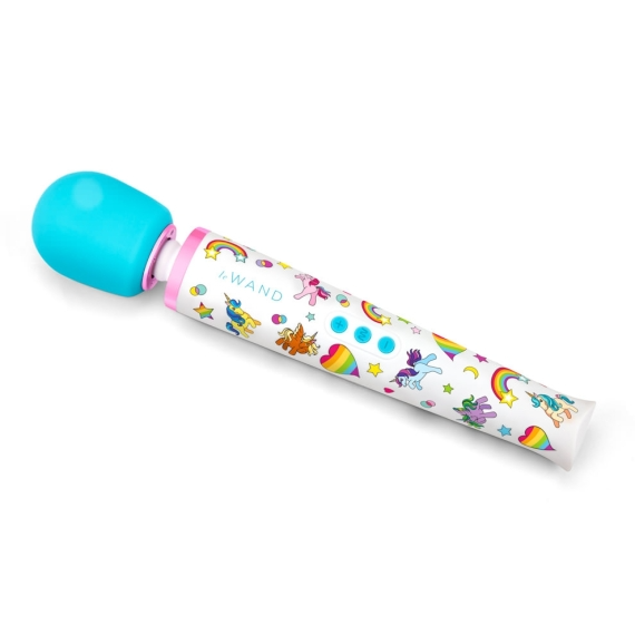 A white rechargeable massager with a blue head and unicorn, rainbow, and star patterns.