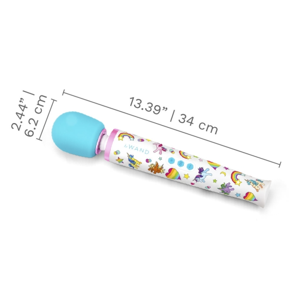Unicorn Wand rechargeable silicone massager with unicorn and rainbow pattern.