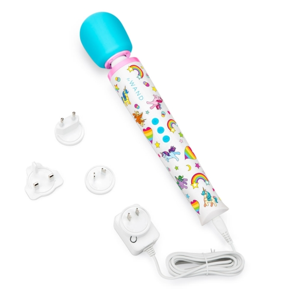 A unicorn-themed rechargeable massager with multiple power adapters.
