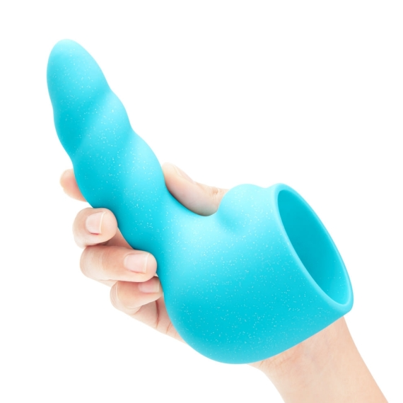 A hand holds a turquoise silicone massager with a curved, ribbed tip.