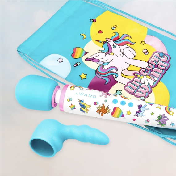 Unicorn Wand rechargeable silicone massager set with a blue wand and unicorn-themed bag.