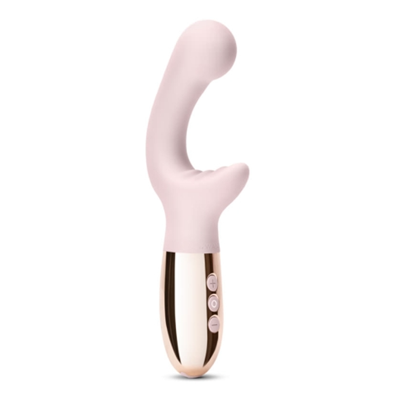 A pink and rose gold dual motor vibrator with three control buttons.