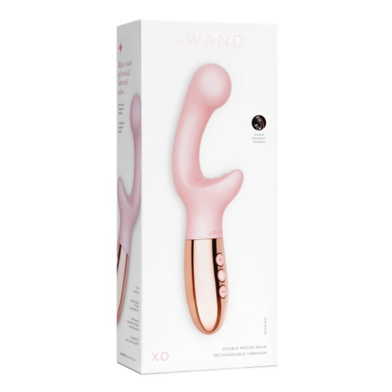 Pink Le Wand XO dual motor vibrator with rose gold accents.