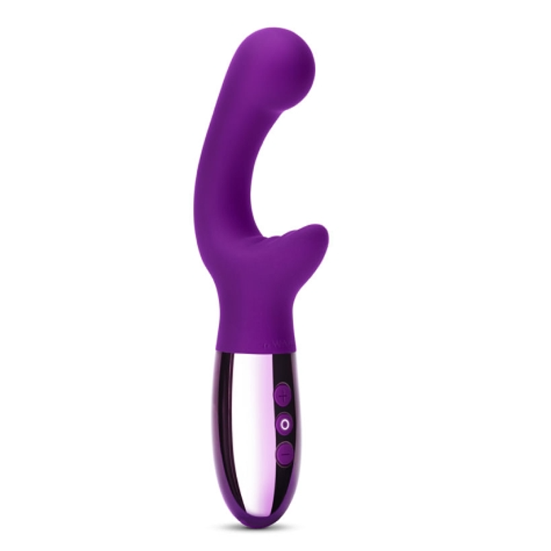 A purple G-spot vibrator with a curved head and a metallic base.