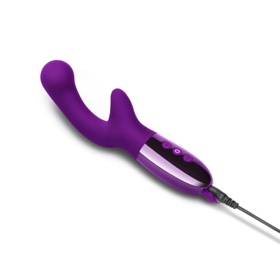 Purple G-spot vibrator with dual motors and a charging cable.