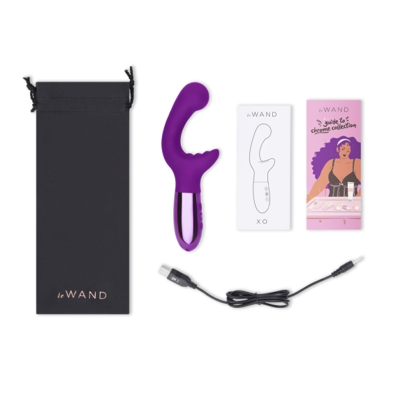 Purple Le Wand XO vibrator with charging cable and instruction booklets.