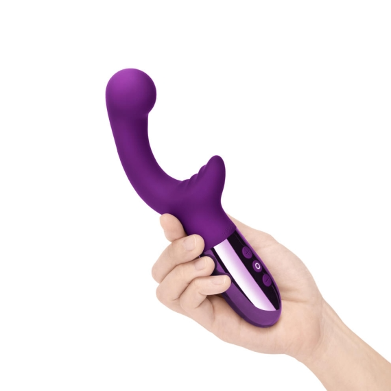 A purple G-spot vibrator with dual motors held in a hand.
